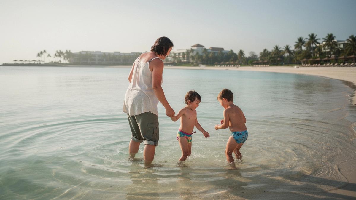 Parent and two children wading in shallow turquoise water at a resort beach