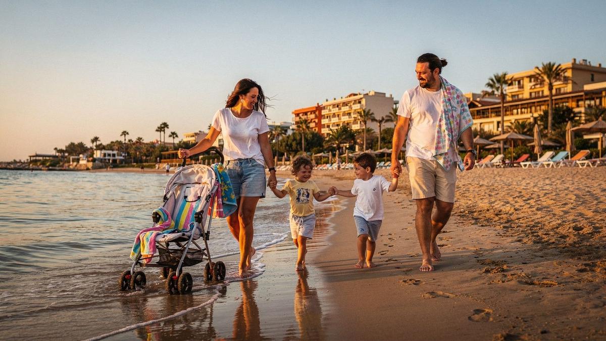 Parents and two children walking a sandy resort shoreline at sunset with towels and a stroller